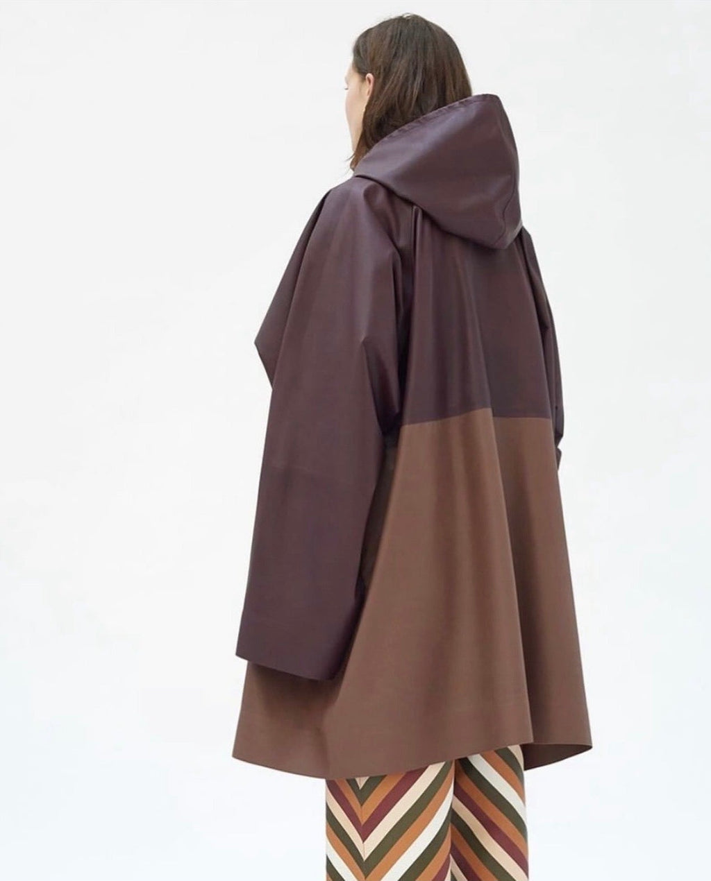 Leather Hooded Anorak Coat in Tri-tone Brown