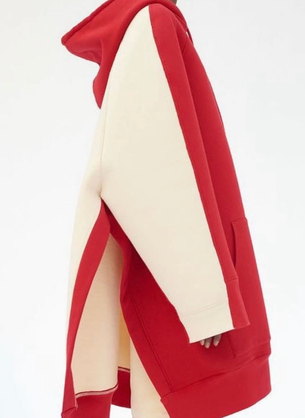 Architectural Cocoon Hoodie Sweatshirt in Two Tone Red and Ecru