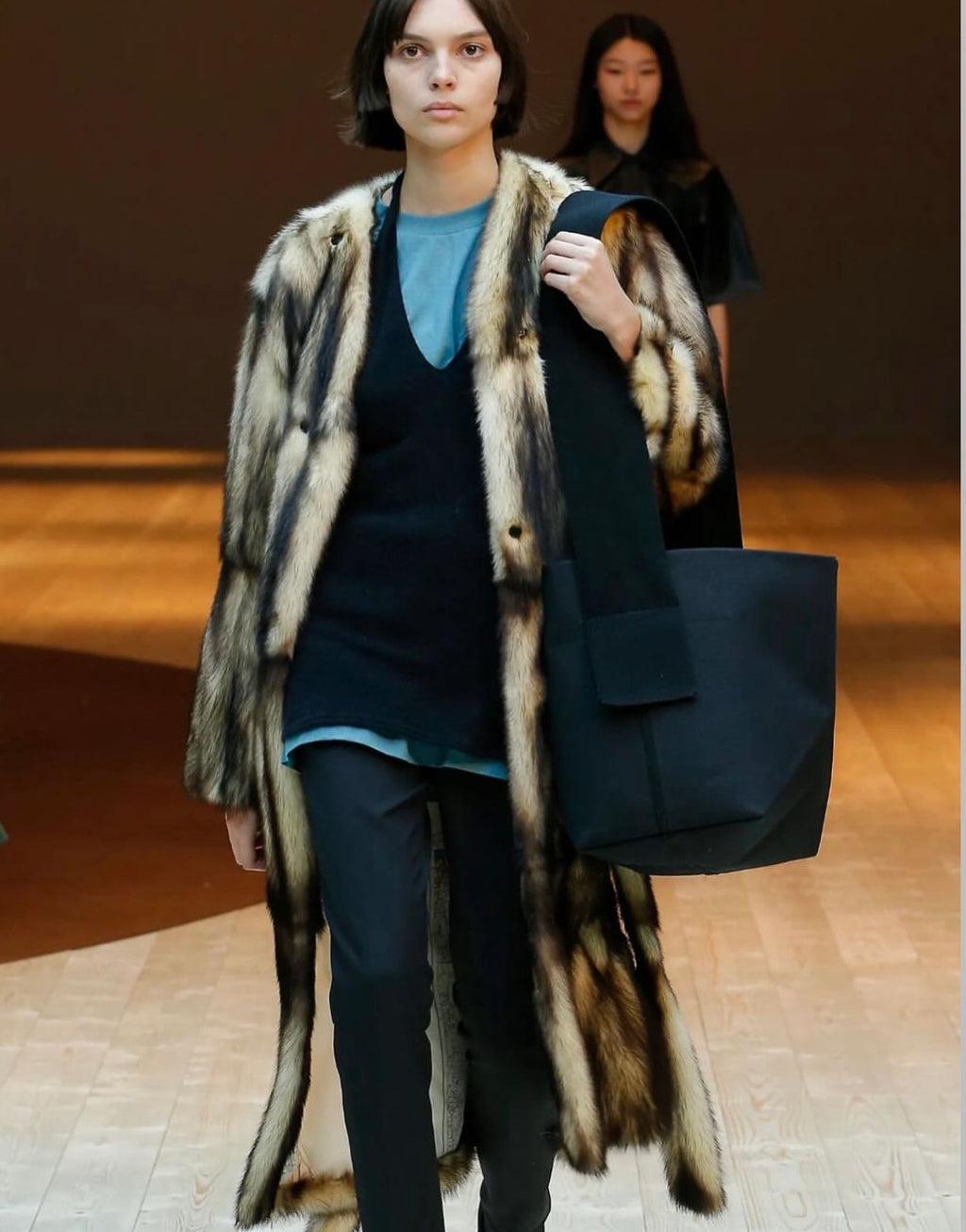 Natural Fitch Fur Coat with Map Print Lining