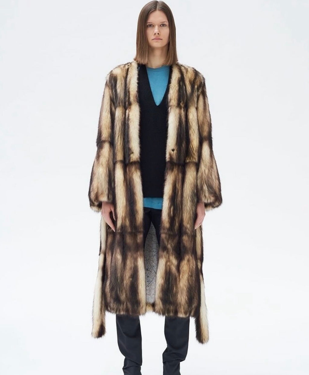 Natural Fitch Fur Coat with Map Print Lining