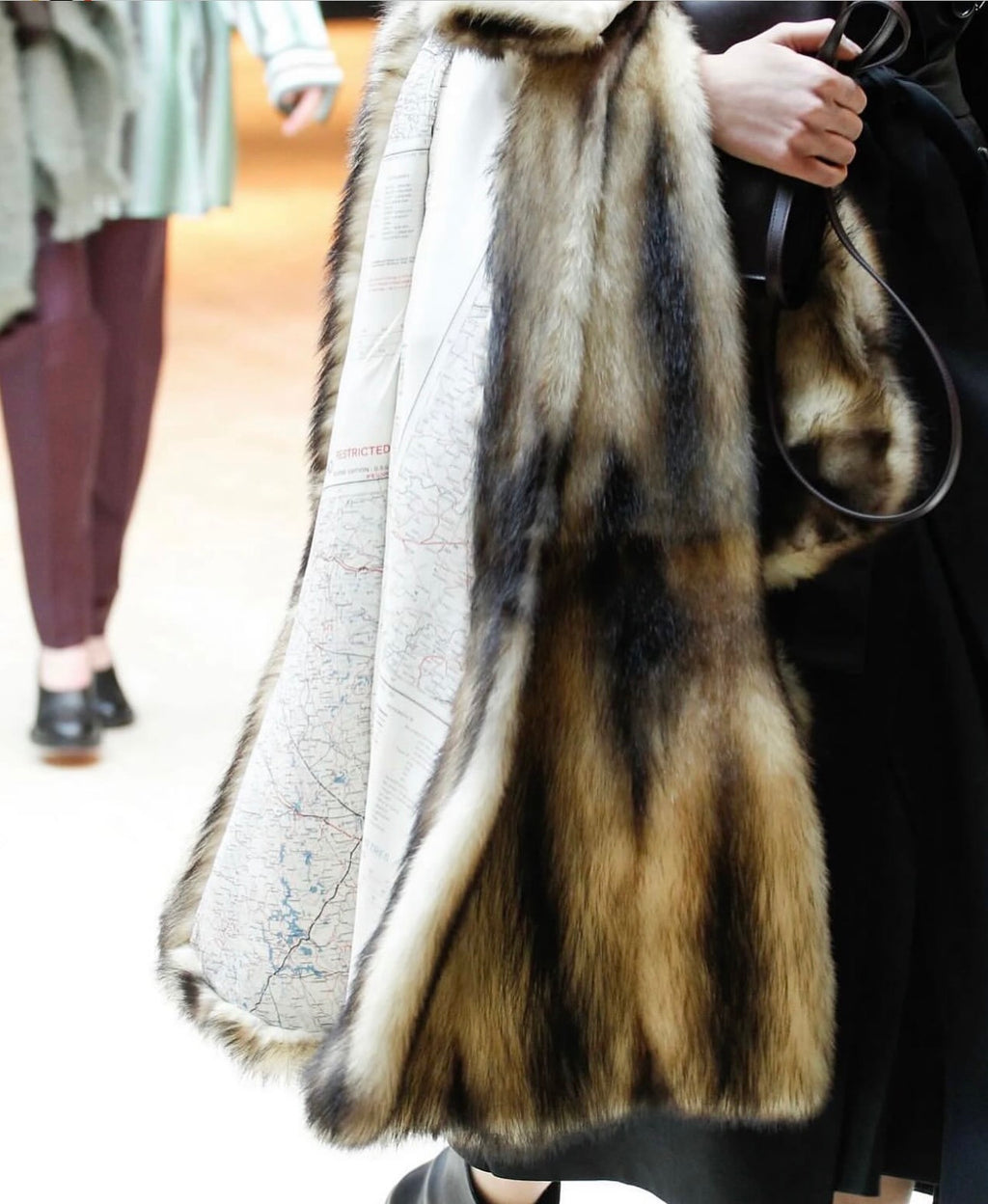 Natural Fitch Fur Coat with Map Print Lining