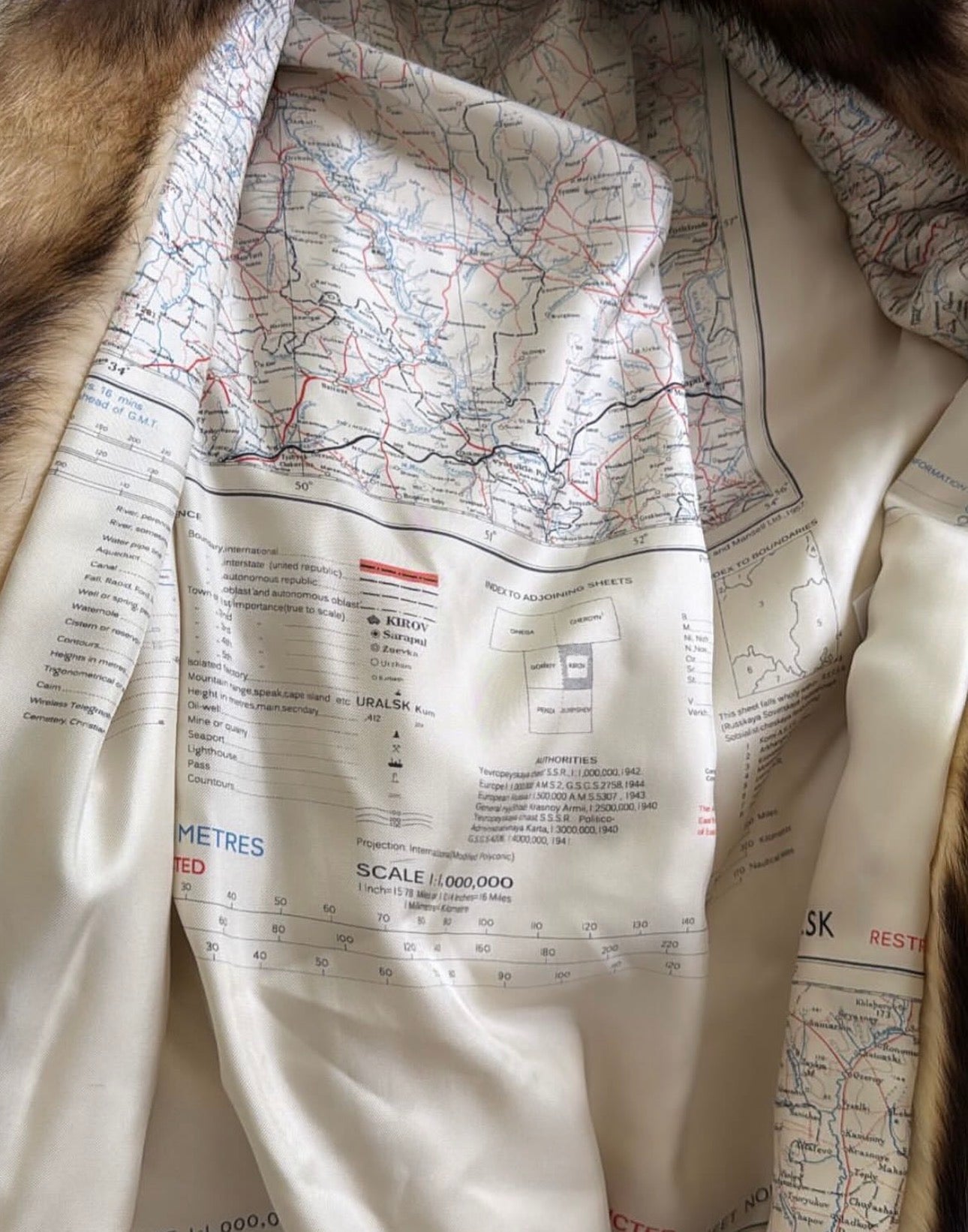 Natural Fitch Fur Coat with Map Print Lining