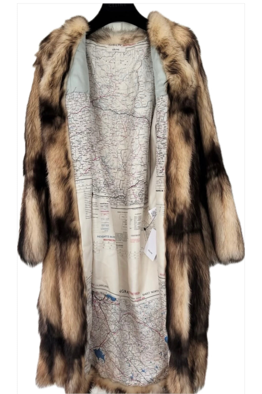 Natural Fitch Fur Coat with Map Print Lining Flatlay