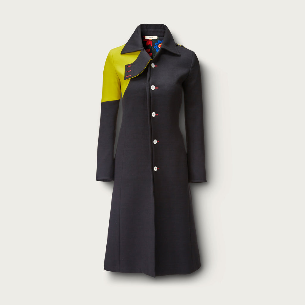 The Two Tone Belted Coat in Black & Lime Green with Iconic Floral Lining