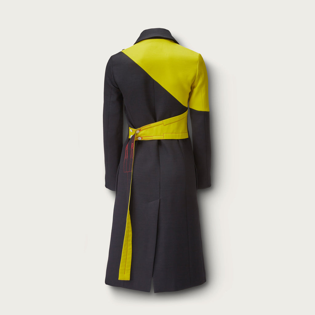 The Two Tone Belted Coat in Black & Lime Green with Iconic Floral Lining