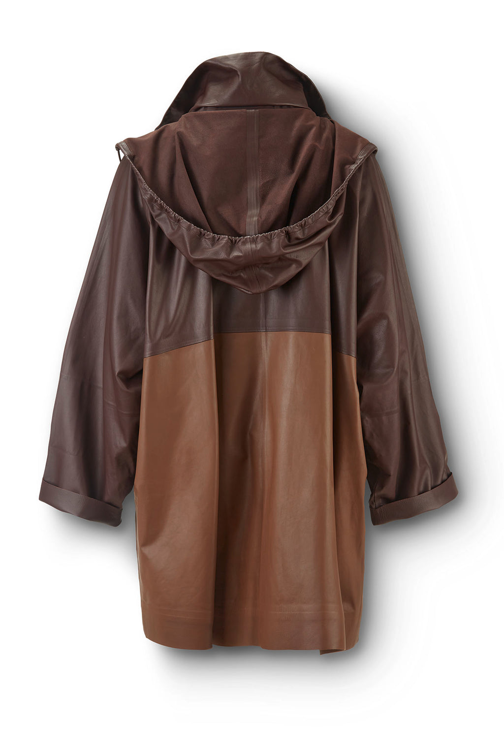 Leather Hooded Anorak Coat in Tri-tone Brown Flatlay