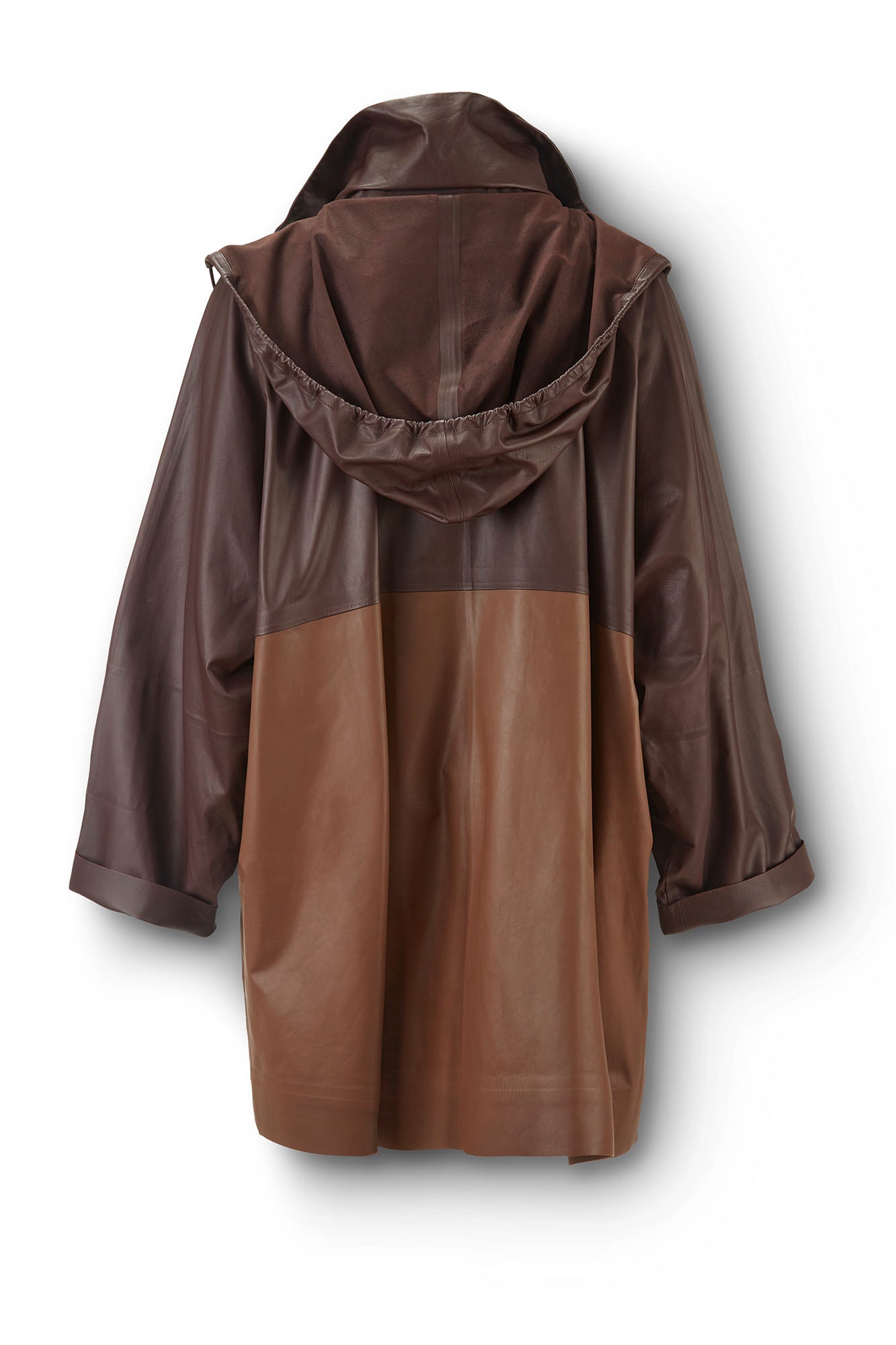 Leather Hooded Anorak Coat in Tri-tone Brown Flatlay