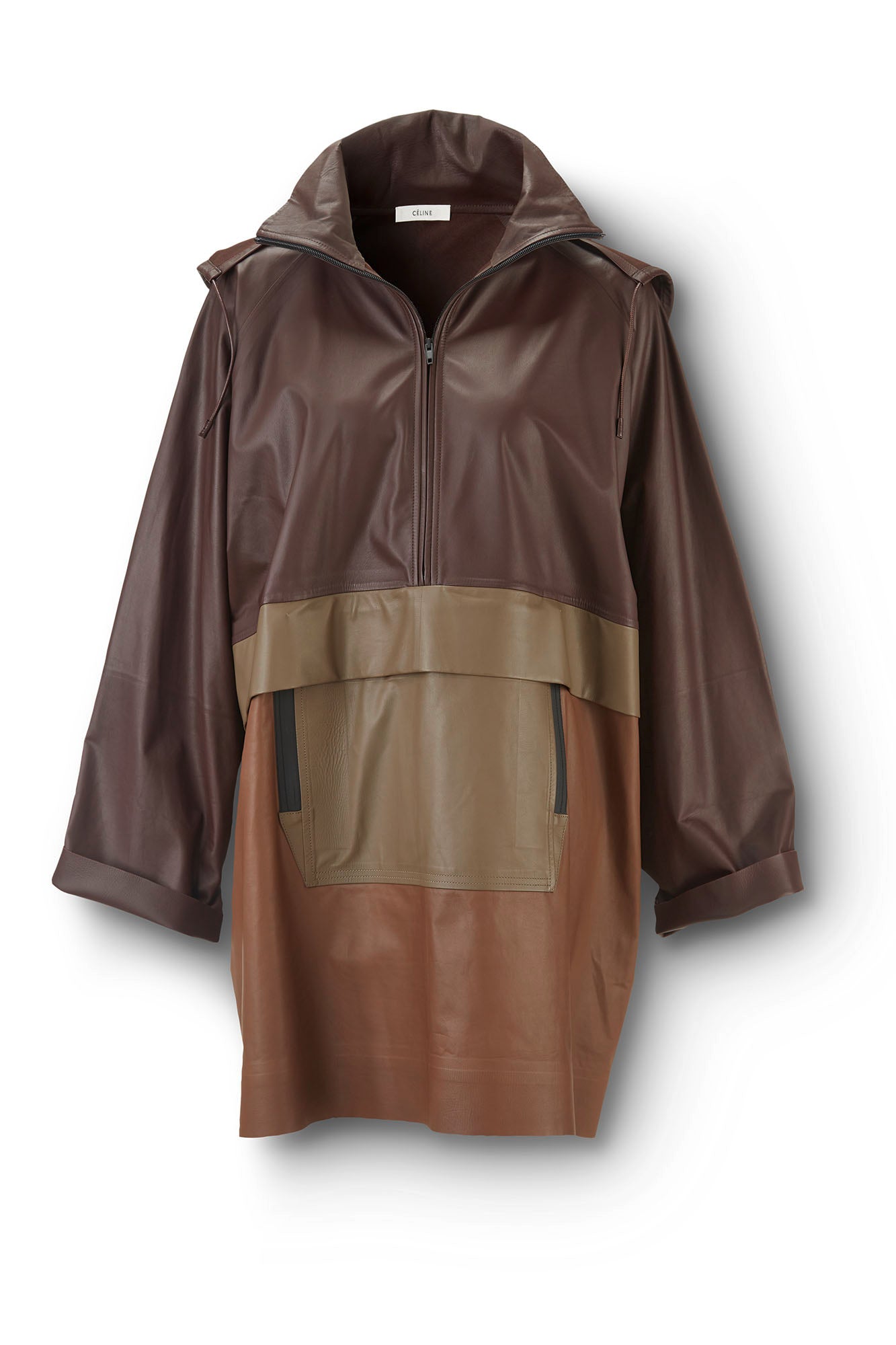 Leather Hooded Anorak Coat in Tri-tone Brown Flatlay