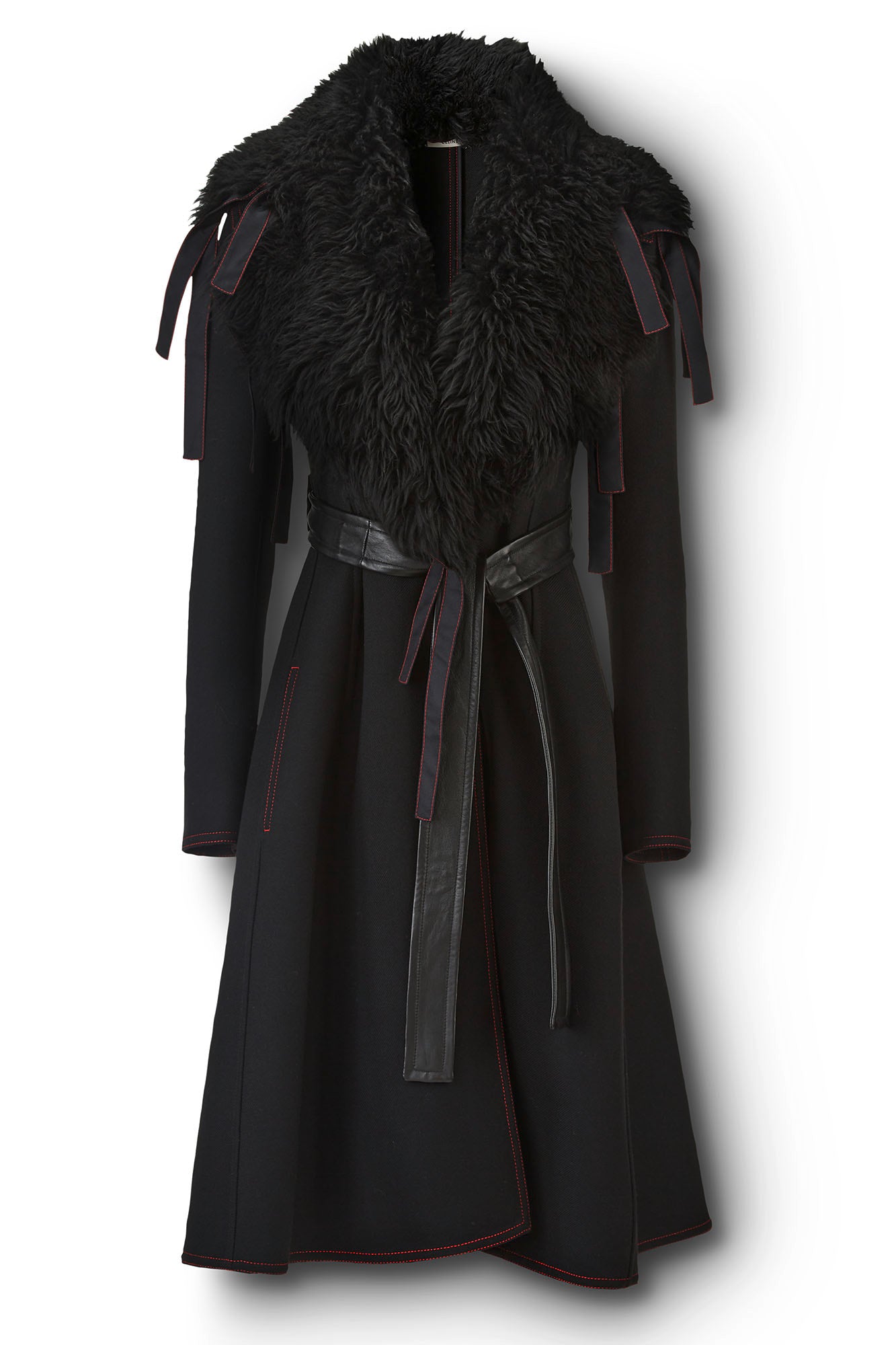 Black Wool Coat with Detachable Statement Fur Collar Flatlay