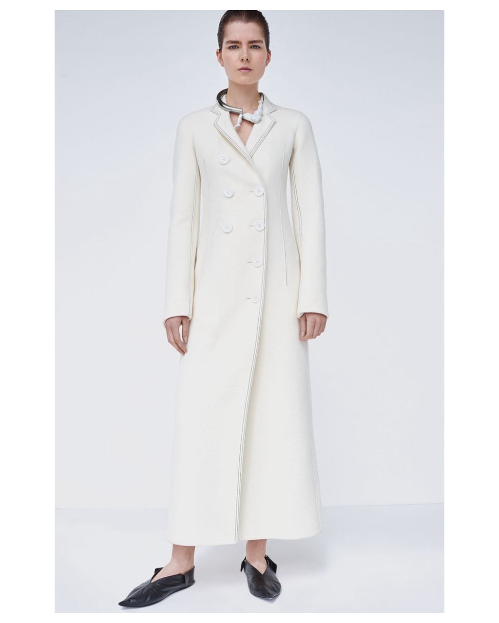 The Double-Breasted Long Coat in Off-White Wool