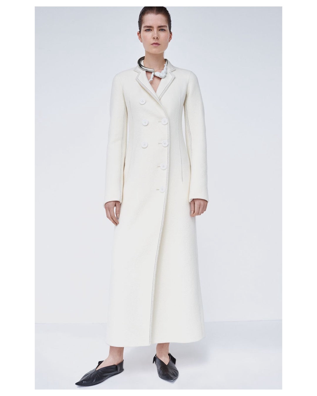 The Double-Breasted Long Coat in Off-White Wool