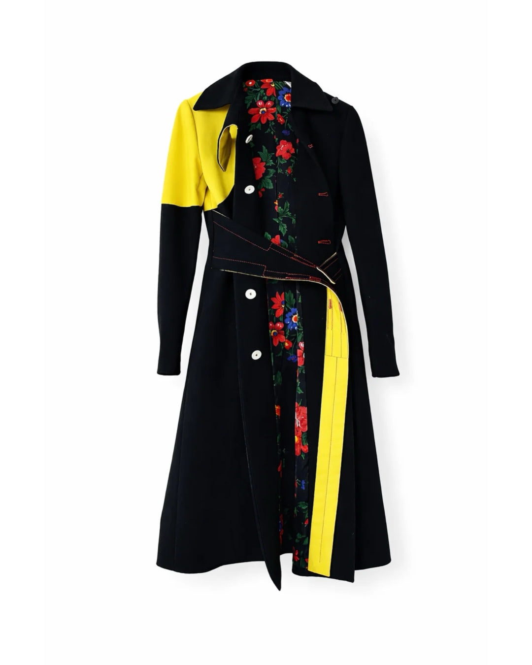 The Two Tone Belted Coat in Black & Lime Green with Iconic Floral Lining