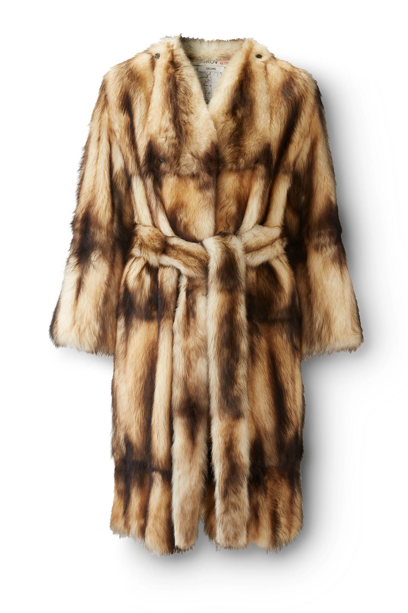 Natural Fitch Fur Coat with Map Print Lining Flatlay