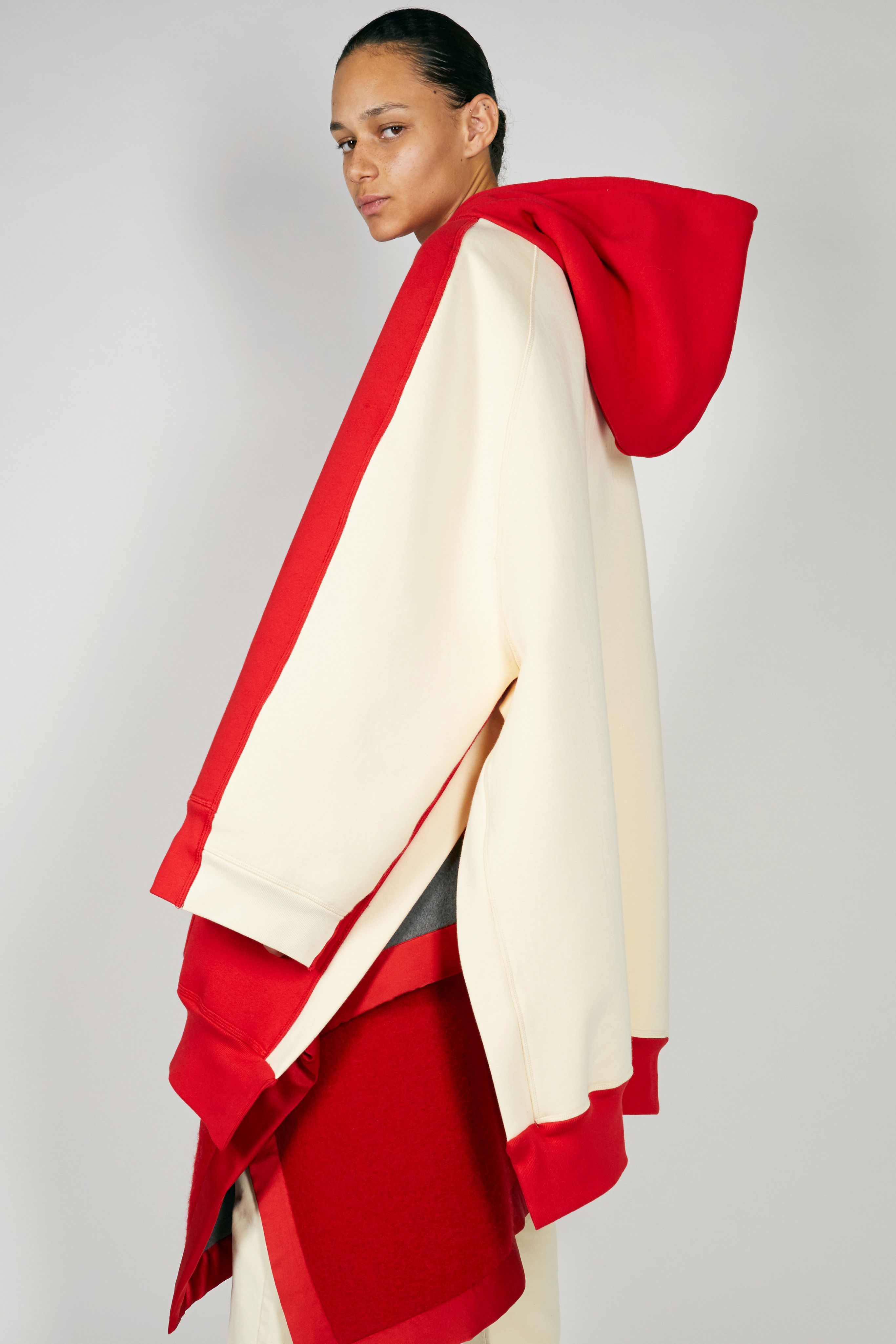 Architectural Cocoon Hoodie Sweatshirt in Two Tone Red and Ecru